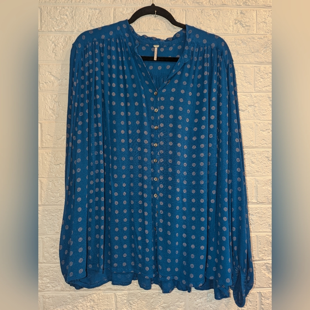 FREE PEOPLE Blue Long Sleeve Button Down with Brown Medallion Detail